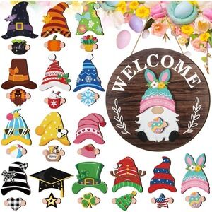 Wooden Gnome Welcome Sign Interchangeable Magnetic Holiday Door Wall  Decor NEW